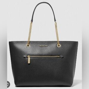 Michael Kors Leather Jet Set Item Large Front Zip Chain Leather Tote (Black)